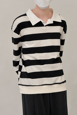 striped  long-sleeved collar T-shirt