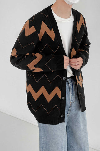 Wave pattern knitted cardigan sweater