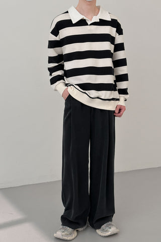 striped  long-sleeved collar T-shirt