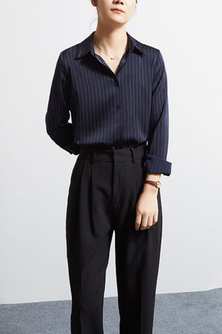 Stripped Iron-free satin Long-sleeve shirt