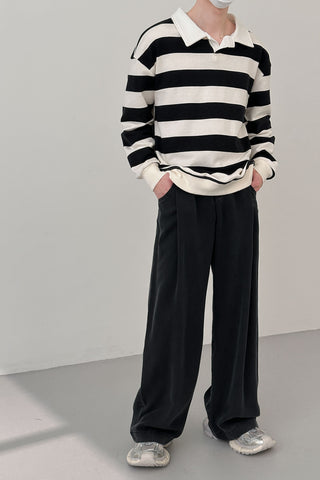 striped  long-sleeved collar T-shirt