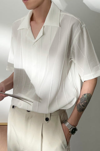 Loose Cuban collar vertical strip half-sleeved shirt