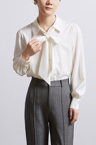 long-sleeved satin shirt with detachable  bowknot