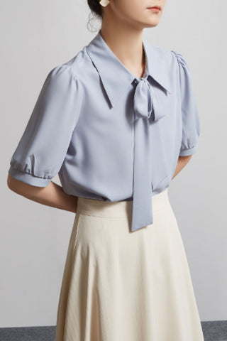 Bow Knot Puff Sleeve Iron-free Shirt