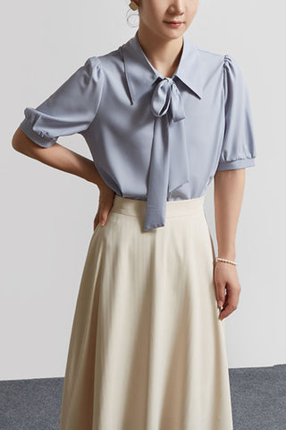 Bow Knot Puff Sleeve Iron-free Shirt