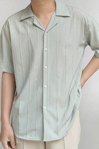 Loose Cuban collar vertical strip half-sleeved shirt