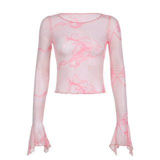 Pink Print Mesh Sheer Long Sleeve Crop Top