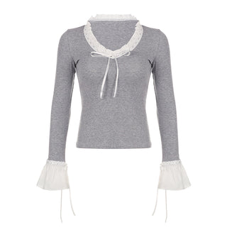 bow v-neck slim long sleeve top