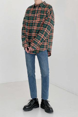 GREEN CHECKERED WOOLEN PLAID LOOSE FIT SHIRT