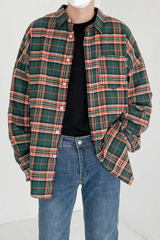 GREEN CHECKERED WOOLEN PLAID LOOSE FIT SHIRT