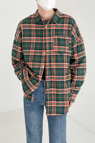 GREEN CHECKERED WOOLEN PLAID LOOSE FIT SHIRT