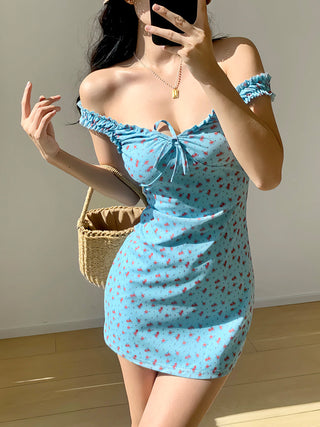 blue lace floral mesh v-neck dress