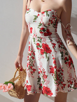 red floral print lace up sling dress