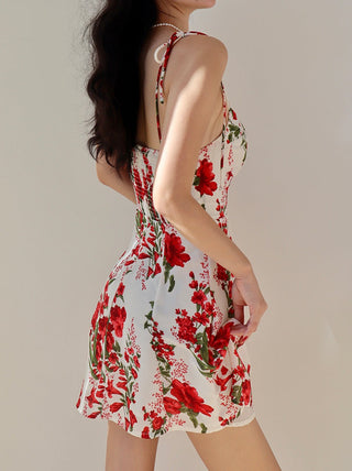 red floral print lace up sling dress