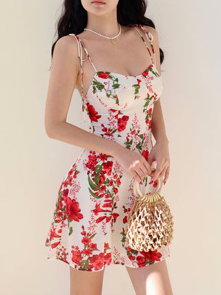 red floral print lace up sling dress