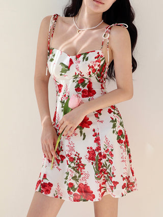 red floral print lace up sling dress