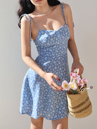 Blue floral printed lace up slip dress