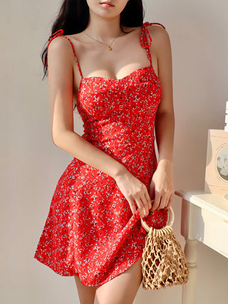 retro red floral short dress