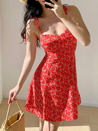 retro red floral short dress