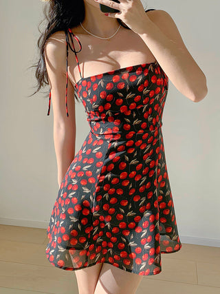 retro cherry print short dress