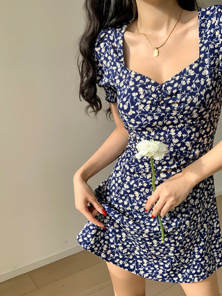 navy blue square-neck floral short dress