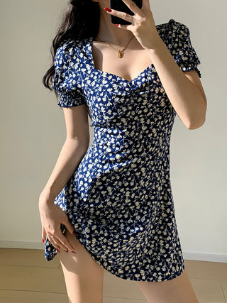 navy blue square-neck floral short dress