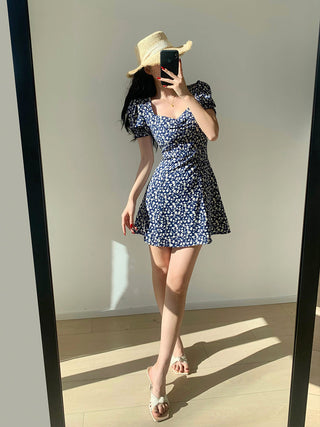 navy blue square-neck floral short dress