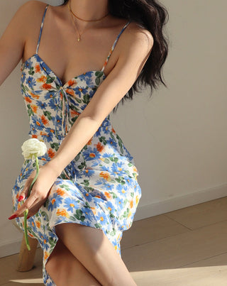 two-tone daisy print sling dress