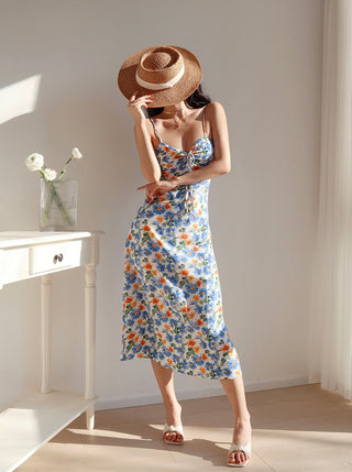 two-tone daisy print sling dress