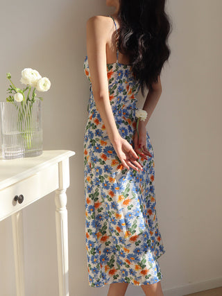 two-tone daisy print sling dress