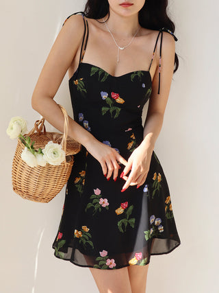 retro Black floral lace-up sling dress