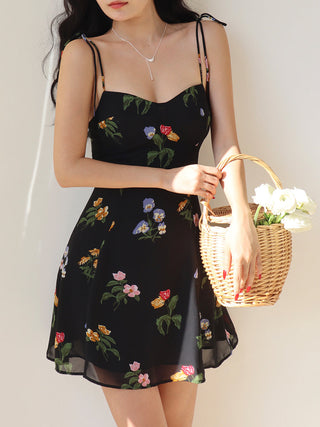 retro Black floral lace-up sling dress