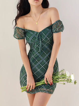 green plaid puff-sleeve mini dress