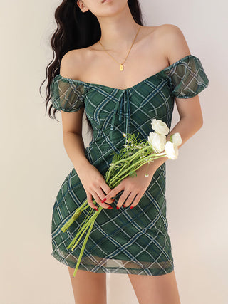 green plaid puff-sleeve mini dress