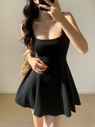 black retro slim waist dress