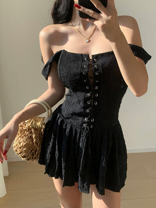 retro black lace-up embroidered ruffle dress