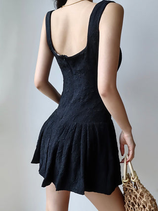 retro black lace-up embroidered ruffle dress