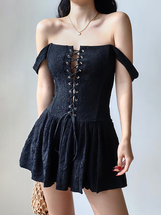 retro black lace-up embroidered ruffle dress