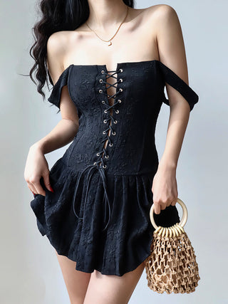 retro black lace-up embroidered ruffle dress