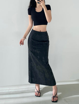 PU leather back slit midi skirts