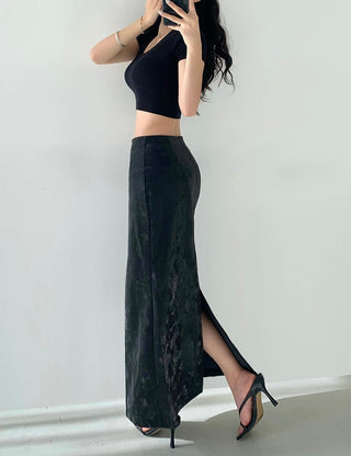 PU leather back slit midi skirts