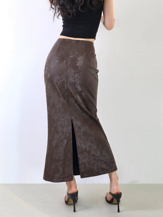 PU leather back slit midi skirts