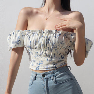 off shoulder retro floral bow top