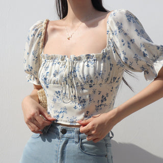 off shoulder retro floral bow top