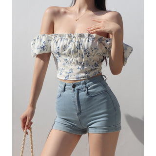 off shoulder retro floral bow top