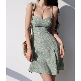 floral v-neck retro tie-shoulder short dress