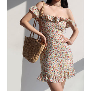 off-shoulder retro pastoral print dress