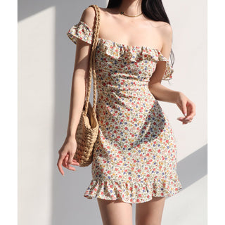 off-shoulder retro pastoral print dress