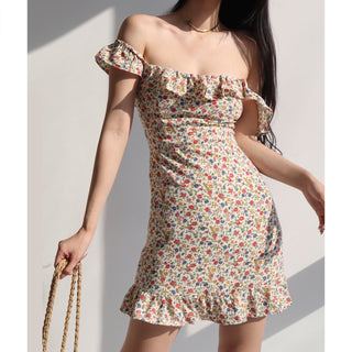 off-shoulder retro pastoral print dress