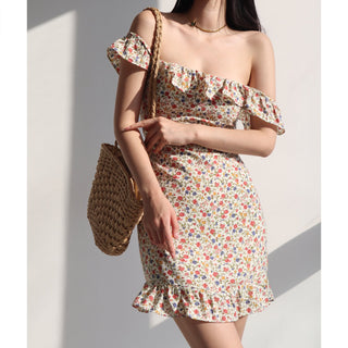 off-shoulder retro pastoral print dress